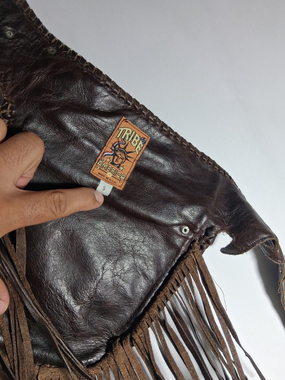 TRIBE America Brown Leather Fringe Hip Bag - Picture 6 of 9